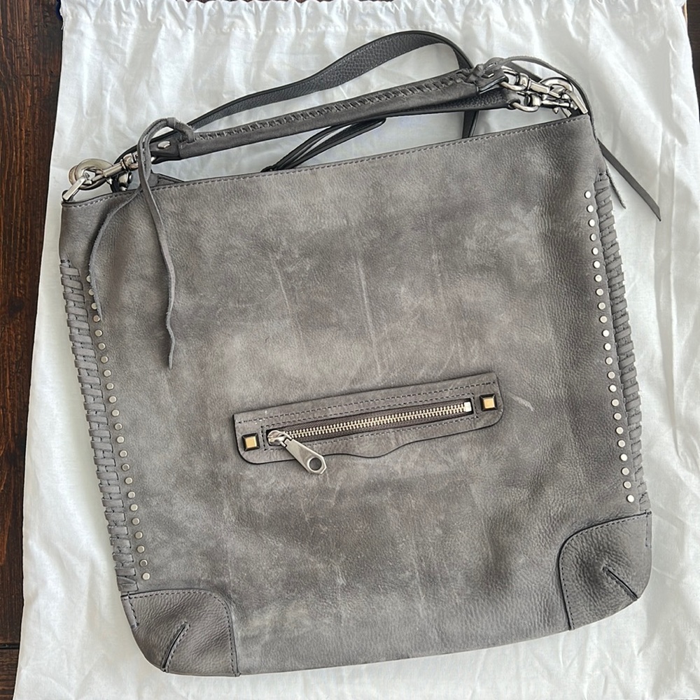 REBECCA MINKOFF Grey Suede Whipstitch Hobo Bag